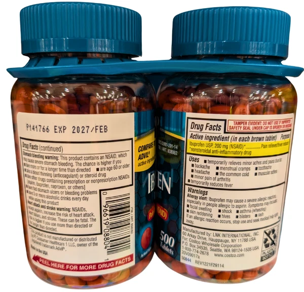 Kirkland Signature Ibuprofen 200mg USP Pain Reliever Tablet 2x500 Count EXP 2/27 - Image 2 of 3