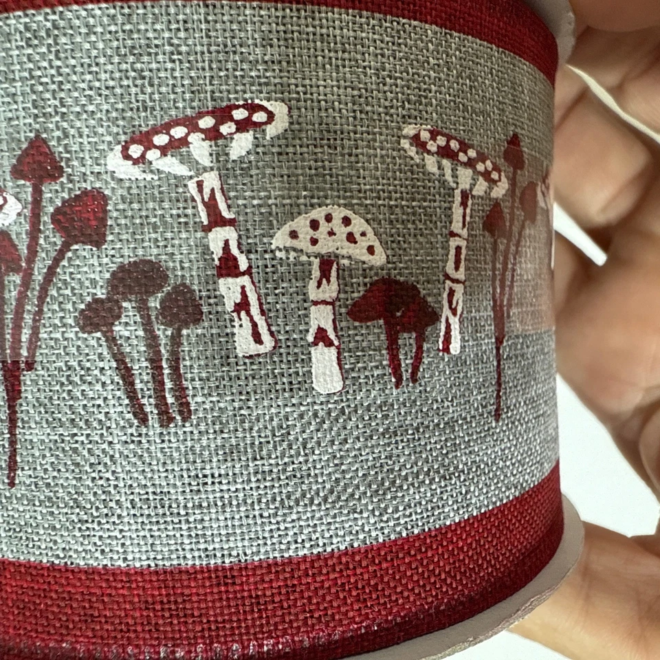Joann Fabric Wire Edge 2.5” x 8.3 Yd Mushroom Red Grey Painted Folk Art Hippie - Image 3 of 4
