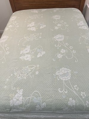 Vintage Chunyi Hemp Bedspread Full Set Green Floral Coverlet + 2 Shams Cot