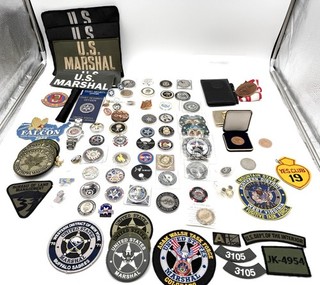 Huge Lot Of US Marshals Challenge Coins W/ Lots Of Patches & Other Memorabilia