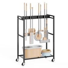 Broom And Mop Holder, Movable Broom Closet Storage Cabinet, Cleaning Cart wit...