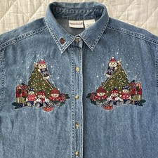 Vintage Bobbie Brooks Womens Denim Shirt Size Large Christmas Bear Embroidery