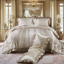 Satin Queen Comforter Set Silk Like Satin Bedding Set Hotel Soft Polyester Be...