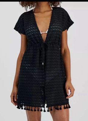 Miken Women's  Tie-Waist Chevron-Knit SWIM Cover Up COLOR BLACK JUNIOR SIZE XL
