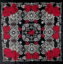 Bandana Red Rose on Black  White - Paisley Western or Biker  100 Cotton 21  
