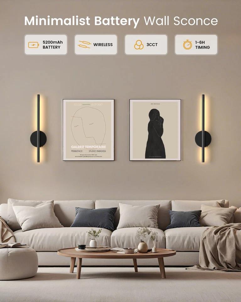 Комплект из 2 настенных бра 15,7 дюйма на батарейках черный минимализм перезаряжаемый... - Изображение 2 из 4