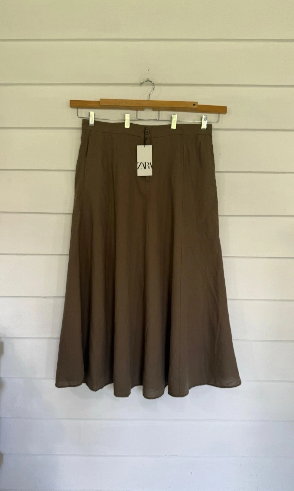 New Zara Women Brown Pleated A-Line Midi Skirt Linen Blend Size 2XL
