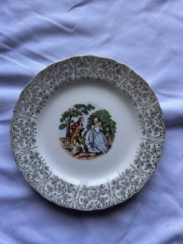 Gold Rim Porcelain Vintage Plate Courting Scene Victorian Style S Mark