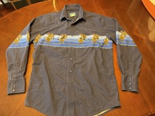 Vintage 1990's Wrangler Blue Pearl Snap Button Up Western Shirt Large Made USA