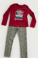 Set of Holiday Red Long Sleeves T-Shirt and Leopard Print Leggings Size M Girls
