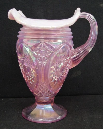 FENTON Art Glass Pink Iridescent Etched Glass Pitcher 100th Anniversary 8.5"
