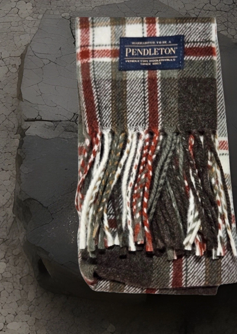 Pendleton Pacific Plaid 100% Wool 76" Scarf Woolen Mills Muffler Fringe Brown