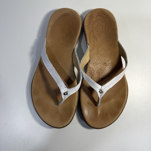 Olukai Honu Women's Comfort Thong Slides Sandals White Brown Logo US Size 6