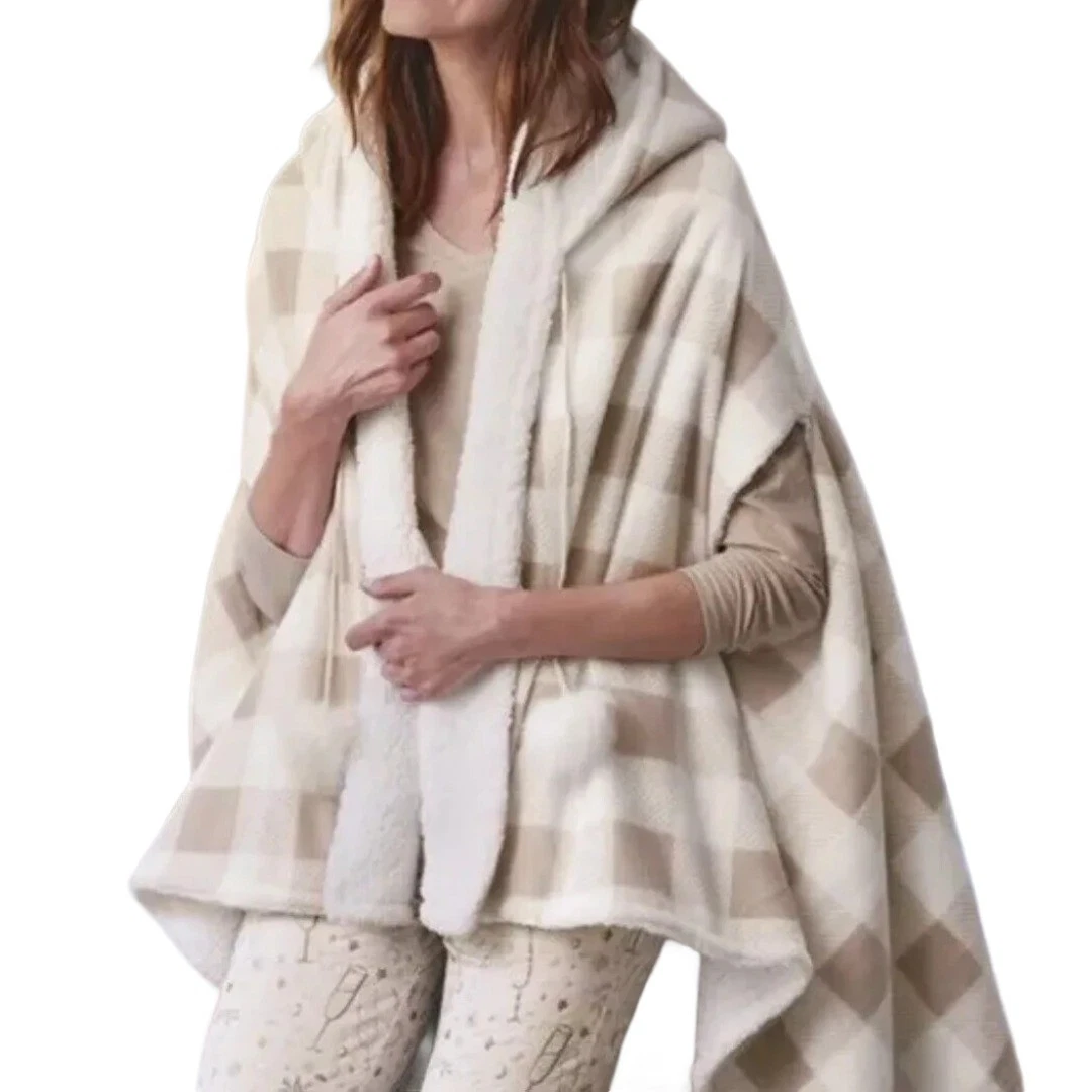 Soft Surroundings Taupe Plaid Wearable Throw Poncho (One Size)