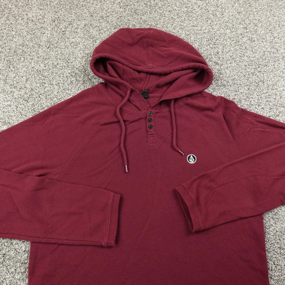Volcom Hoodie Mens L Red Pullover Waffle Knit Hooded Henley Skate Surf Y2K 00s - Image 3 of 4