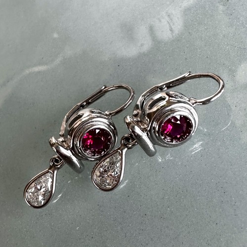 14K White Gold Drop Earrings w 2 Diamond Pears (0.5cts) & 2 Ruby Rounds (0.5cts) - Picture 6 of 15