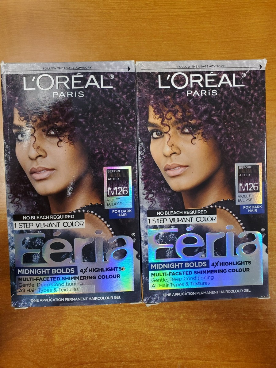 2 Boxes L'Oreal Feria M26 Violet Eclipse Hair Color, Midnight Bold