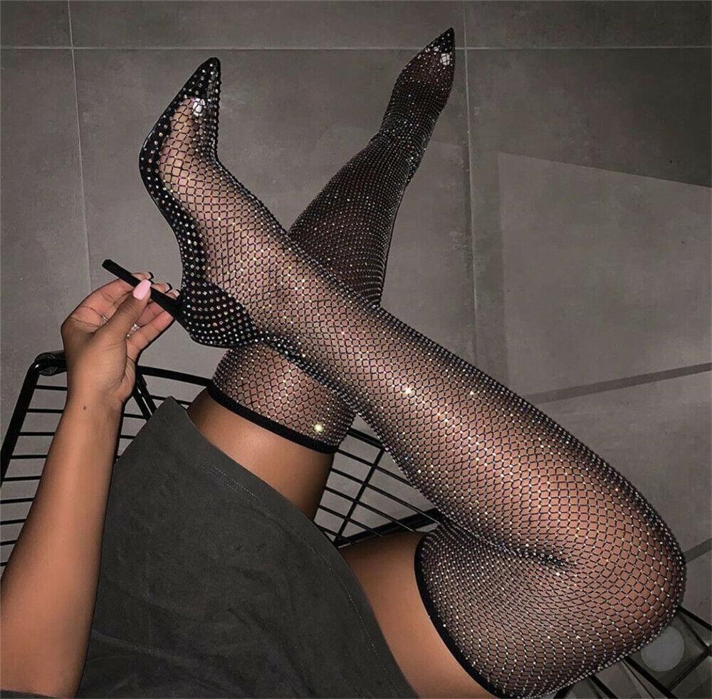 Women Party Sexy Nightclub Slim Heels Rhinestone Shoes Fishnet