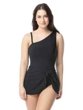 Coco Reef Women Black One-Shoulder Sarong Bra Sized One Piece Swimsuit Sz 14/38C