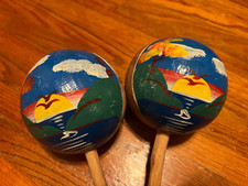 Set of 2 Vintage Coconut Beach Painted and Carved Maracas Handmade Flower