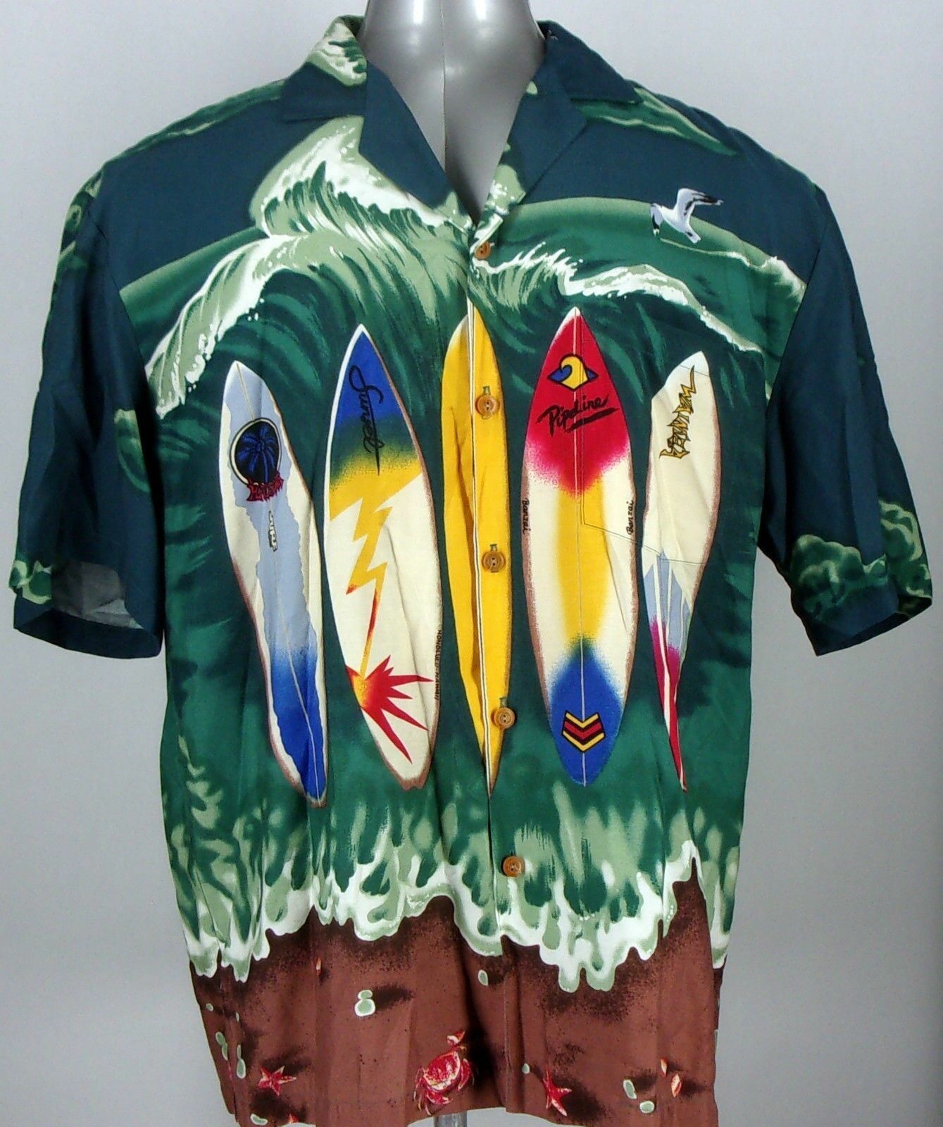 PARADISE FOUND Large Men's Button-Front  Short Sleeve SurfBoards 100% Rayon L