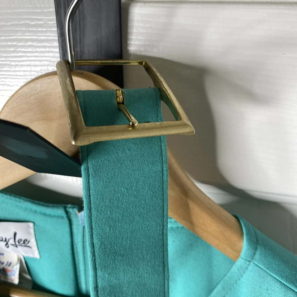 Винтажный 1970-х подпоясанный бирюзовый трикотажа Shift Mod платье Sz 18 Henry Lee - союз сделано в США - Изображение 4 из 4