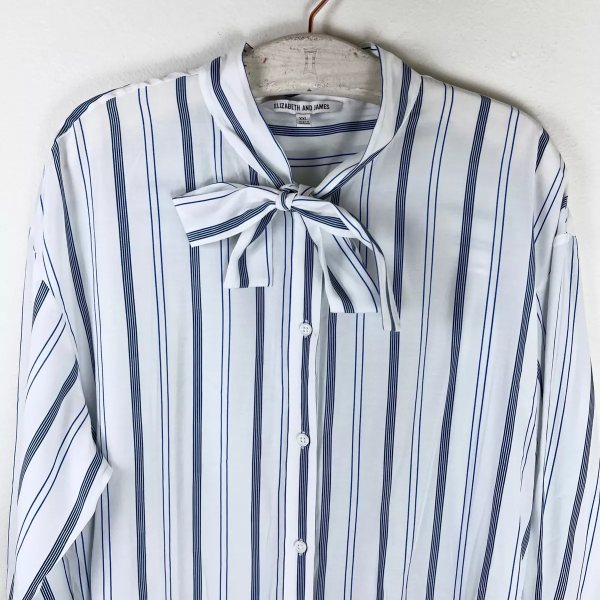 Elizabeth and James Tie Neck Button Down Shirt XXL White Blue Striped Tunic  Top