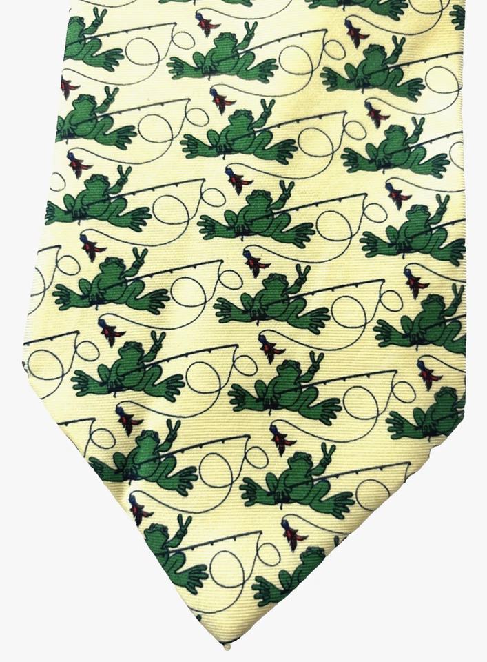 Corbata Peace Frogs para hombre 100 % seda ranas verdes están pescando en amarillo 58x4" Foto 3 de 4