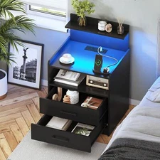 Night Stand, Nightstand With Charging Station, LED Bedside Table-ZHC