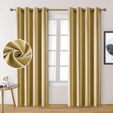 HOMEIDEAS 2 Panels Gold Faux Silk Blackout Curtains, 52 X 84 Inch Room Darken...