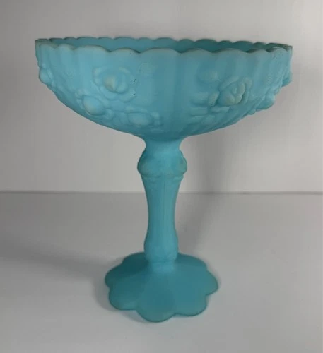 Vintage Fenton Blue Satin Milk Glass Cabbage Rose Compote Pedestal Candy Dish