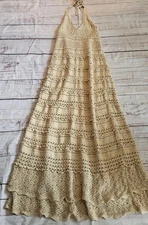 Y2K Moda International Halter Crochet Maxi Dress Beige Womens M/L Cotton Boho