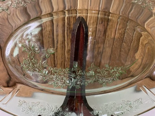 VTG Federal Glass Sharon Cabbage Rose Green Depression Glass Oval Platter 12.5"