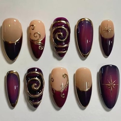 30Pcs Handmade Press on Nails Medium Almond Fake Nails with Gold Star Nails-1