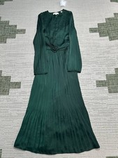 Vince Maxi Dress Womens XS Green Satin Pleated Removable Self Tie Belt Party New