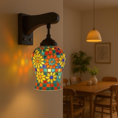 Turkish Moroccan  Mosaic Wall Lamp with flower design Boho Night Light Decor