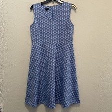 Talbots Fit & Flare Dress Sleeveless Blue Printed Ponte Knit V Neck Size M