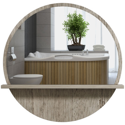 Runder Wandspiegel 45 cm Durchmesser grau Holzoptik Rahmen Regal Spanplatte Glashaken