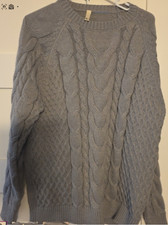 Gray L Solid Cable Knit Crew Neck Pullover Sweater Long Sleeve Raglan.Mens