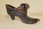 Fenton OVG Black Amethyst Carnival Glass Cat Head Shoe Daisy & Button VTG
