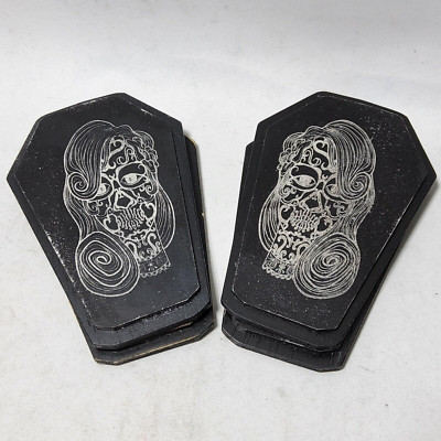 2 Laser cut etched sugarkull twins coffin shaped wooden 3d digital wall art 4x6