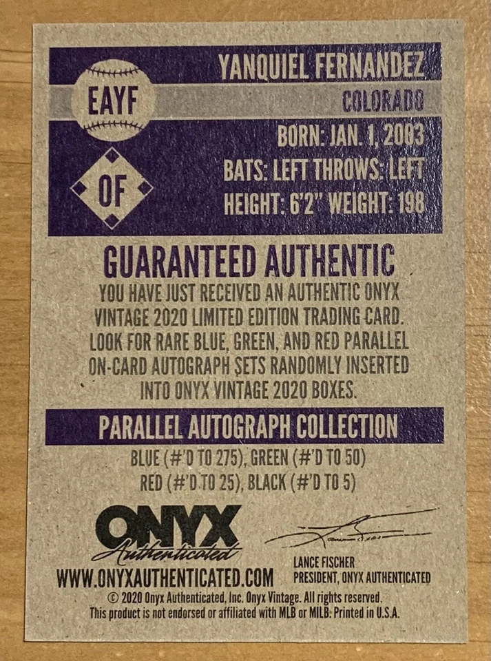 2020 Onyx Vintage Extended Yanquiel Fernandez Green Ink Auto /50 Rookie RC SSP - Image 2 of 2