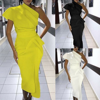 one shoulder frill midi dress