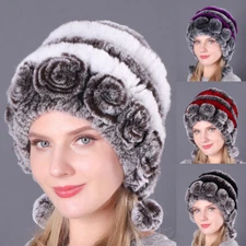 Women Fuffy Rex Rabbit Fur Hat Ladies Fluffy Knitted Outdoor Ski Cap Beanie Cap-