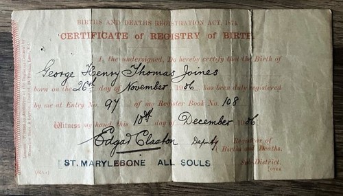 1906 Short Birth Certificate St Marylebone All Souls District George Joines - Picture 1 of 2