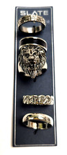 SLATE MEN SET OF 5 SILVER,BLACK TONE BRASS LION HEAD,LINK RING,BAND SIZE 11,12