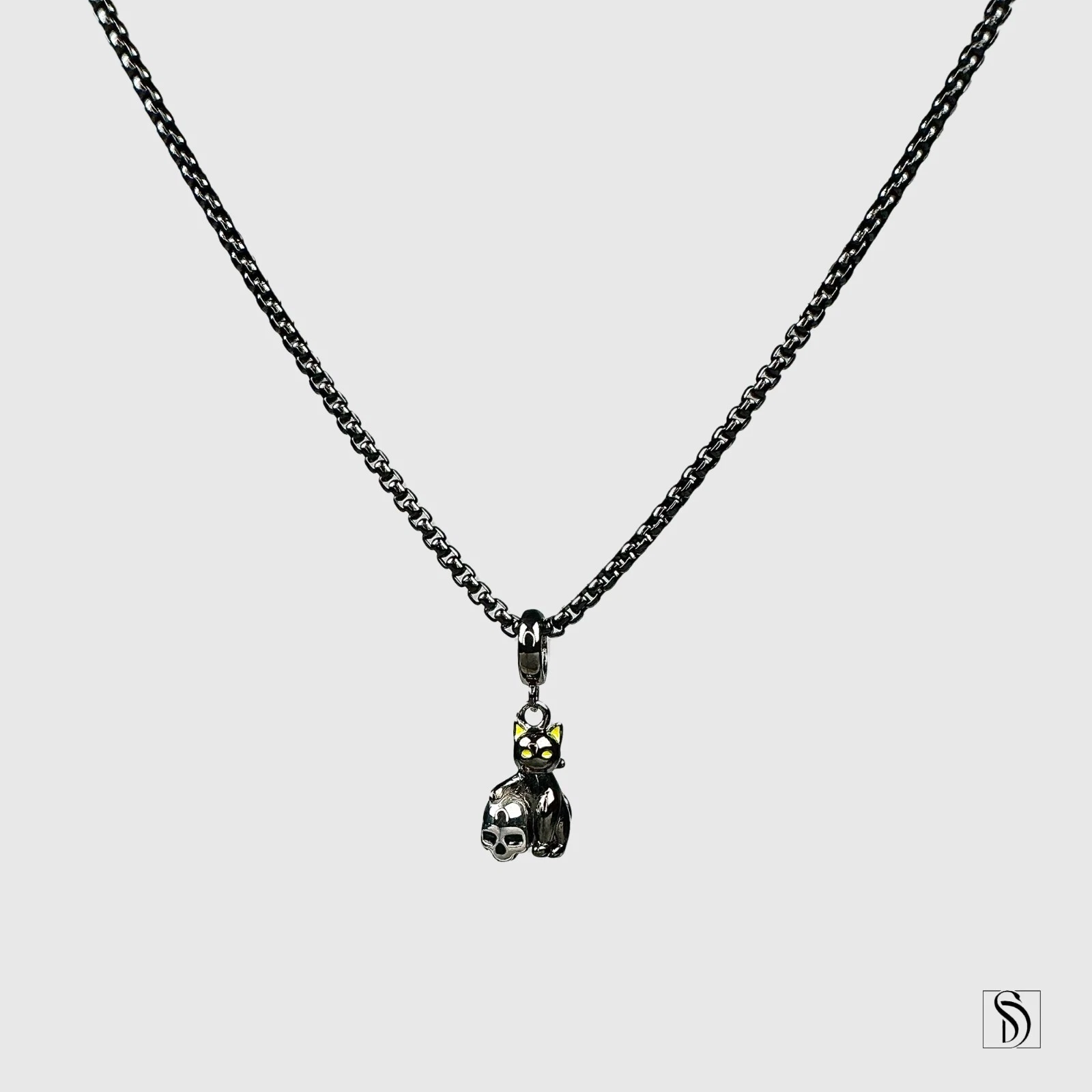 Collier pendentif crâne de chat noir, chaîne boîte noire premium argent sterling 925