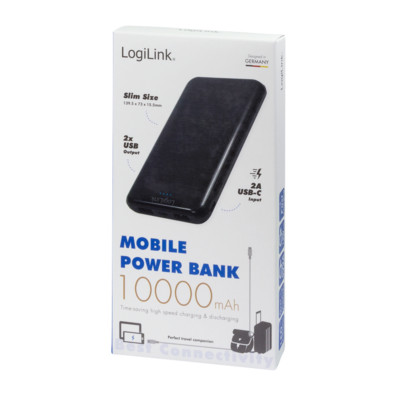 LogiLink mobile Powerbank 10000 mAh LED Anzeige Schwarz 2in1 Kabel USB-C Micro-B