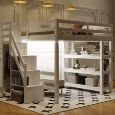 Twin Full Size  Loft Bed with Bookshelves,Storage Staircase,Wardrobe & LED Light