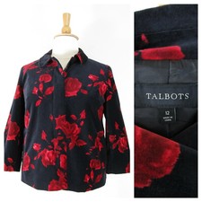 Talbots Womens Black Red Floral Velvet Blazer Size 12 Formal Business Career